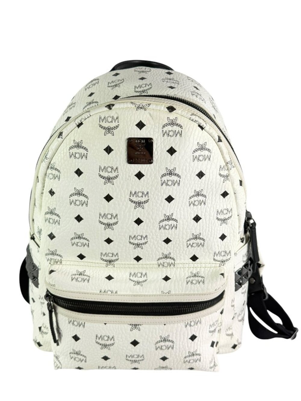 MCM White & Black Canvas Stark Side Studs Visetos Unisex Large Backpack